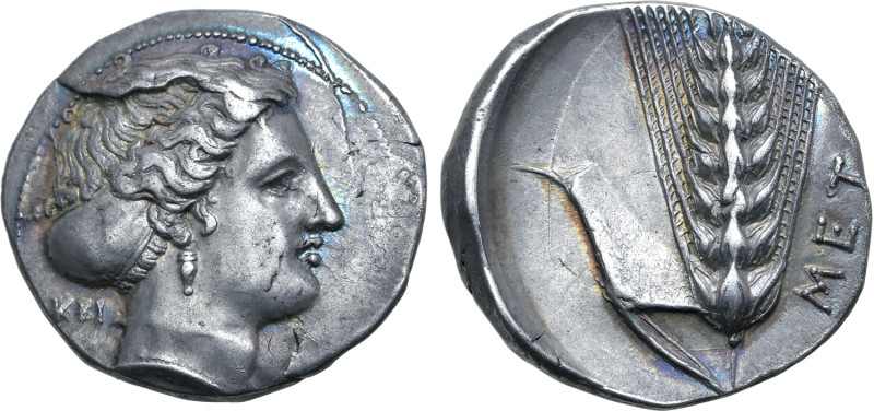 Lucania, Metapontion AR Stater. Circa 400-340 BC. Obverse die signed by Kri-. He...