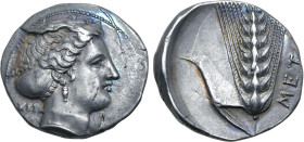 Lucania, Metapontion AR Stater. Circa 400-340 BC. Obverse die signed by Kri-. Head of Demeter to right, hair in sphendone; KPI behind / Ear of barley ...