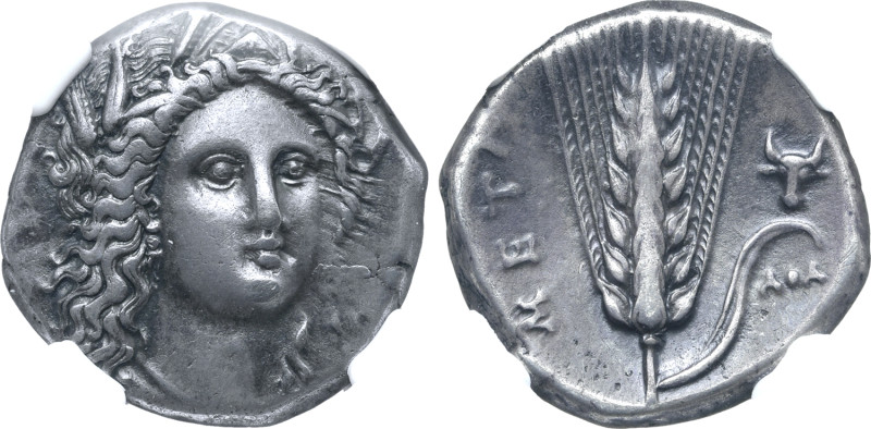 Lucania, Metapontion AR Stater. Circa 330-290 BC. Head of Demeter facing slightl...