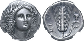 Lucania, Metapontion AR Stater. Circa 330-290 BC. Head of Demeter facing slightly to right, wearing grain wreath; small AΠ to lower right / Ear of bar...