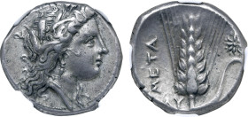 Lucania, Metapontion AR Stater. Circa 330-290 BC. Ly-, magistrate. Wreathed head of Demeter to right, wearing triple-pendant earring and necklace / Ea...