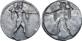 Lucania, Poseidonia AR Stater. Circa 530-500 BC. Poseidon, beardless and nude but for chlamys draped over his arms, standing to right, preparing to ca...