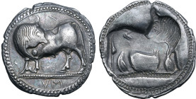 Lucania, Sybaris AR Stater. Circa 550-510 BC. Bull standing to left, head to right; VM in exergue / Incuse of obverse. SNG ANS 828-844; HN Italy 1729;...