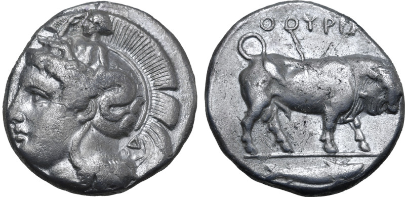 Lucania, Thourioi AR Distater. Circa 400-350 BC. Head of Athena to left, wearing...