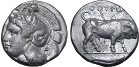 Lucania, Thourioi AR Distater. Circa 400-350 BC. Head of Athena to left, wearing crested Attic helmet decorated with Skylla; Δ behind neck guard / Bul...