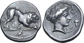 Lucania, Velia AR Stater. Circa 400-340 BC. Lion crouching to right; owl standing to right in exergue / Head of nymph to right, wearing single pendant...