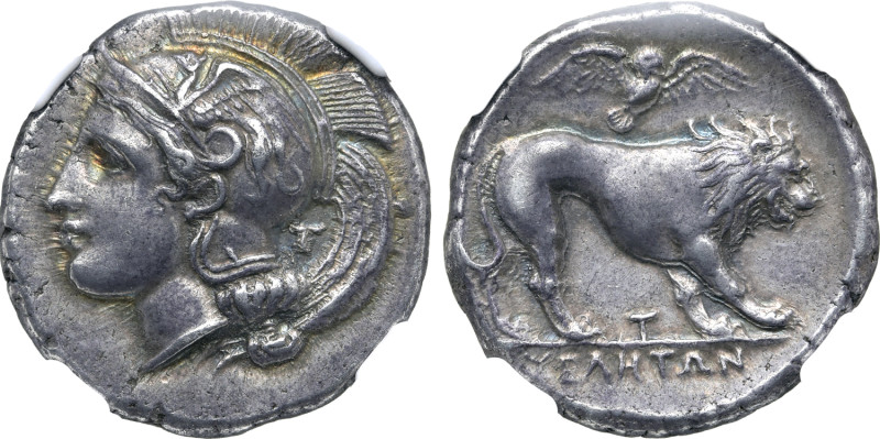 Lucania, Velia AR Stater. Circa 400-340 BC. T Group. Head of Athena to left, wea...