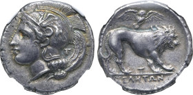 Lucania, Velia AR Stater. Circa 400-340 BC. T Group. Head of Athena to left, wearing crested Attic helmet decorated with griffin; T behind / Lion stan...