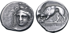 Lucania, Velia AR Stater. Circa 334-300 BC. Dies signed by Kleudoros. Head of Athena facing slightly to left, wearing winged Phrygian helmet; signatur...