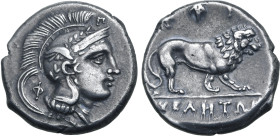 Lucania, Velia AR Stater. Circa 300-280 BC. Philistion Group. Head of Athena to right, wearing winged, laureate and crested Attic helmet; Φ behind nec...