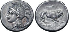 Lucania, Velia AR Stater. Circa 293-280 BC. Head of Athena to left, wearing crested Attic helmet decorated with griffin; Φ on neck-guard, monogram beh...