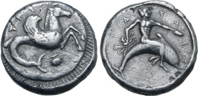 Calabria, Tarentum AR Nomos. Circa 490-480 BC. Taras astride dolphin to right, holding octopus in his right hand and phiale in his extended left; TAPA...