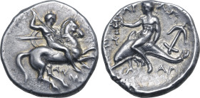 Calabria, Tarentum AR Nomos. Circa 302-280 BC. Anthrop-, Eu-, Ar-, magistrates. Nude, helmeted warrior on horseback to right, holding spear in right h...