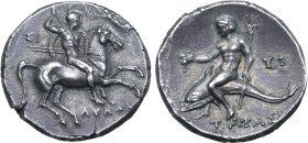 Calabria, Tarentum AR Nomos. Circa 280-272 BC. Lykon, Si- and Py-, magistrates. Reduced standard. Nude, helmeted warrior on horseback to right, holdin...