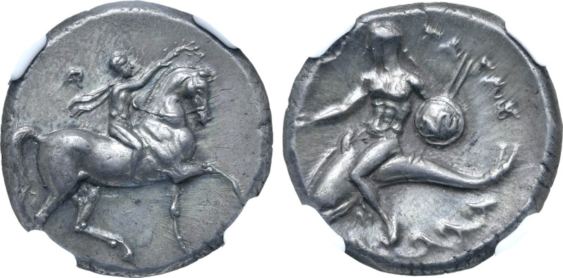 Calabria, Tarentum AR Nomos. Circa 280-272 BC. Ar-, magistrate. Youth on horseba...