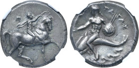 Calabria, Tarentum AR Nomos. Circa 280-272 BC. Ar-, magistrate. Youth on horseback to right, crowning horse that raises right foreleg; AP monogram in ...