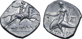 Calabria, Tarentum AR Nomos. Circa 240-228 BC. Erak-, Daimachos, and Andre-, magistrates. Nude youth galloping on horseback to right, holding torch be...
