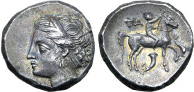 Calabria, Tarentum AR Nomos. Campano-Tarentine Series, circa 281-228 BC. Diademed head of the nymph Satyra to left, wearing pendant earring / Nude you...
