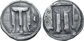 Bruttium, Kroton AR Stater. Circa 500-480 BC. Tripod surmounted by wreaths, legs terminating in lion's paws, a pair of serpents above and at base; ϘPO...