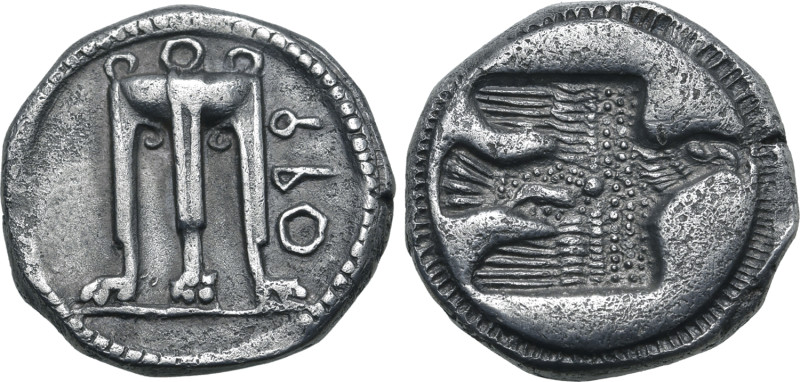 Bruttium, Kroton AR Stater. Circa 480-430 BC. Tripod-lebes with legs terminating...