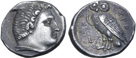 Bruttium, Kroton AR Drachm. Circa 280-250 BC. Head of Herakles to right / Owl standing to left, KPO behind, grain ear before. Attianese, Kroton 153; H...