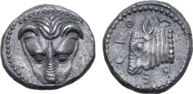 Bruttium, Rhegion AR Drachm. Circa 494-480 BC. Lion's head facing / Head of calf to left; RECION (retrograde) around. Robinson 3; SNG Copenhagen 1923;...