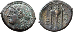 Bruttium, Rhegion Æ 24mm. Circa 260-218 BC. Laureate head of Apollo to left; buckle behind / Tripod; PH[ΓI]-NΩN across fields. HN Italy 2543; SNG ANS ...