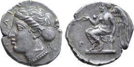 Bruttium, Terina AR Stater. Circa 420-400 BC. Head of the nymph Terina to left, wearing sphendone; [TEPIN]AIΩ[N] before, Π behind / Nike seated to lef...
