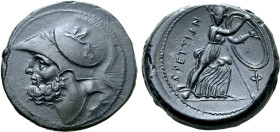 Bruttium, The Brettii Æ Double or Didrachm. Circa 208-203 BC. Head of Ares to left, wearing crested Corinthian helmet decorated with griffin; thunderb...
