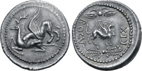 Kingdom of Mauretania, Bogud AR Denarius. Uncertain Western Mauretanian mint, circa 47-46 BC. Griffin attacking stag to left / REX BOCVT, griffin stan...