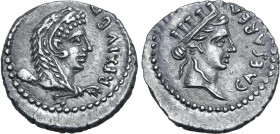 Kingdom of Mauretania, Juba II AR Denarius. Caesarea, circa 20 BC - AD 24. REX IVBA, head of Juba II as Herakles to right, wearing lion skin headdress...