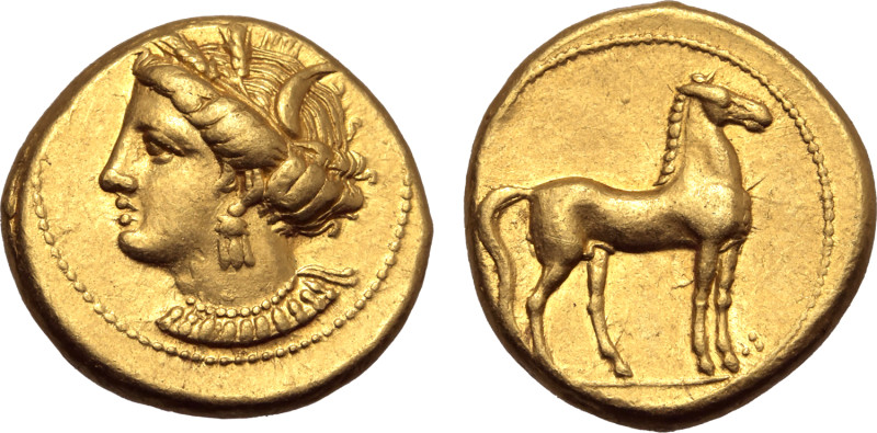 North Africa, Carthage AV Stater. Circa 350-320 BC. Wreathed head of Tanit to le...