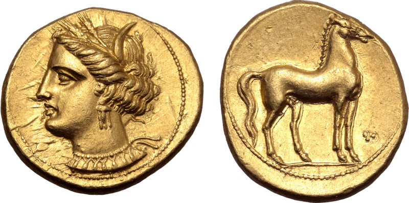 North Africa, Carthage AV Stater. Circa 350-320 BC. Wreathed head of Tanit to le...