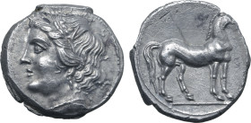 North Africa, Carthage AR Quarter Shekel. Uncertain Punic mint in Bruttium (or Lokris?) under Carthaginian occupation, circa 215-205 BC. Wreathed head...