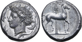 Sicily, Siculo-Punic AR Tetradrachm. 'People of the Camp' mint (Entella?), circa 350-315 BC. Head of Tanit-Persephone to left, wearing wreath of grain...