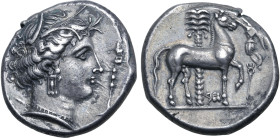 Sicily, Siculo-Punic AR Tetradrachm. 'People of the Camp' mint (Entella?), circa 350-315 BC. Head of Tanit-Persephone to right, wearing wreath of grai...