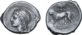 Sicily, Siculo-Punic AR Tetradrachm. 'People of the Camp' mint (Entella?), circa 320-315 BC. Female head (Artemis-Tanit or Elissa-Dido?) to left, wear...