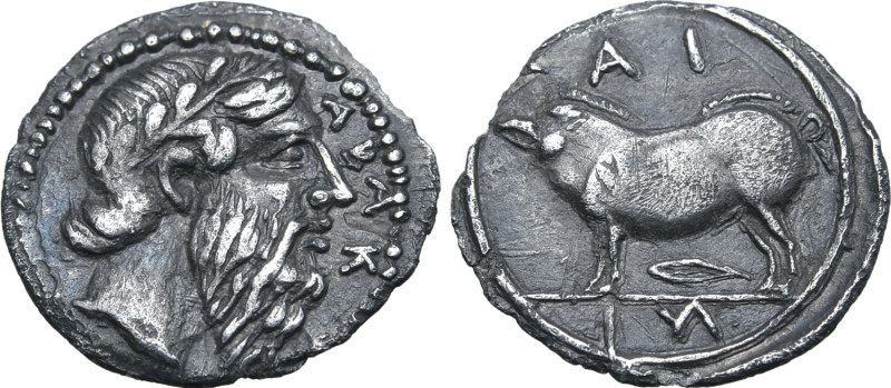 Sicily, Abakainon AR Litra. Circa 450-440 BC. Laureate head of Zeus to right, AB...