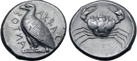 Sicily, Akragas AR Tetradrachm. Circa 460-450/445 BC. Sea eagle standing to left, with wings closed; AKPACANTOΣ (partially retrograde) around / Crab w...