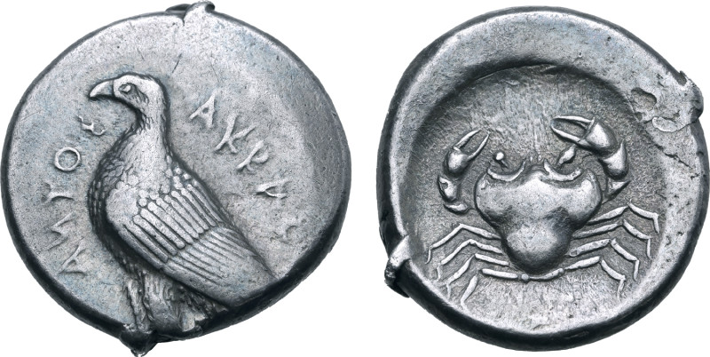 Sicily, Akragas AR Tetradrachm. Circa 460-450/445 BC. Sea eagle standing to left...