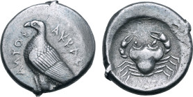 Sicily, Akragas AR Tetradrachm. Circa 460-450/445 BC. Sea eagle standing to left, with wings closed; AKRACANTOΣ (partially retrograde) around / Crab w...