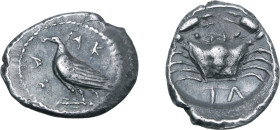 Sicily, Akragas AR Litra. Circa 450-440 BC. Sea eagle standing to left on Ionic capital; AK-RA across fields / Crab; IΛ (retrograde, mark of value) be...