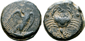 Sicily, Akragas Æ Hemilitron. Circa 420-406 BC. Eagle flying to right, head raised, holding fish in its talons; AKPAΓANTINON before / Crab clutching e...