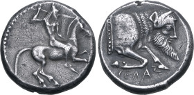 Sicily, Gela AR Didrachm. Circa 490/85-480/75 BC. Horseman riding to right, preparing to cast javelin / Forepart of man-headed bull to right; CΕΛΑΣ be...