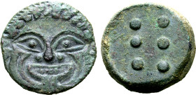 Sicily, Himera Æ Hemilitron. Circa 430-420 BC. Gorgoneion with protruding tongue and furrowed cheeks / Six pellets (mark of value). CNS I, 1-1/2; Calc...