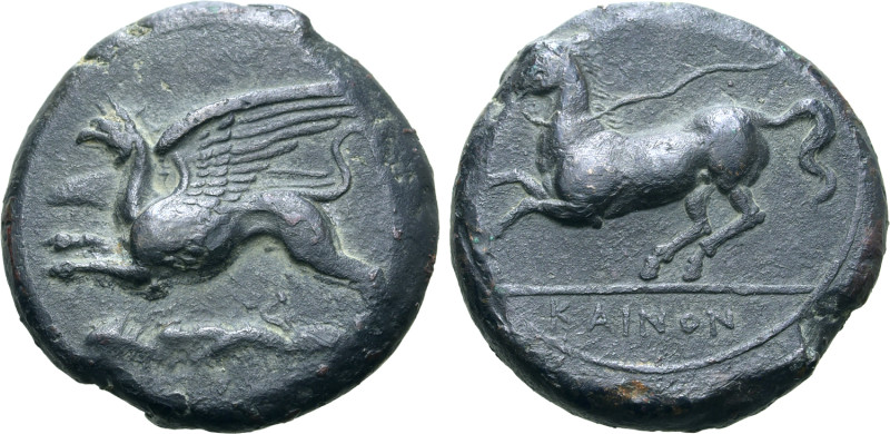 Sicily, 'Kainon' Æ 22mm. Circa 360-340 BC. Griffin springing to left / Horse pra...