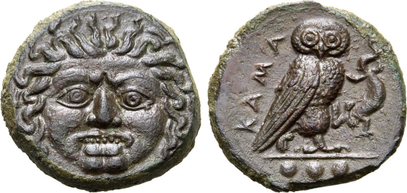 Sicily, Kamarina Æ Tetras. Circa 420-405 BC. Facing gorgoneion / Owl standing to...