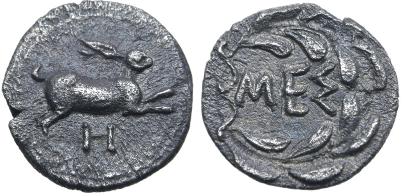 Sicily, Messana AR Hemilitra. Circa 425-421 BC. Hare springing to right; H (mark...