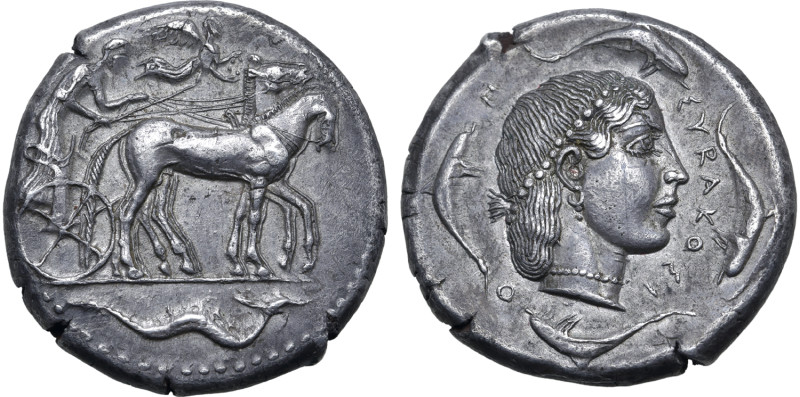 Sicily, Syracuse AR Tetradrachm. Second Democracy, circa 460-450 BC. Charioteer,...