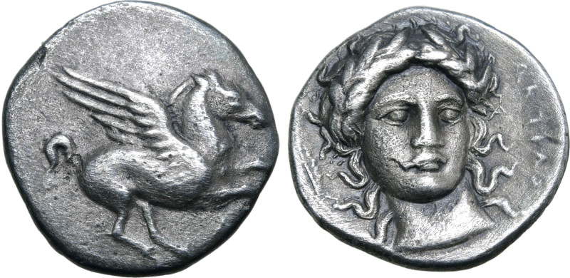 Akarnania, Anaktorion AR Drachm. Circa 350-300 BC. Pegasos flying to right, AN m...